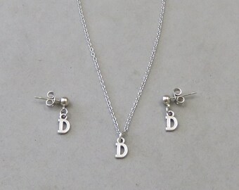 Tiny Initial D Necklace and Earring Set- Gold or Silver Plated