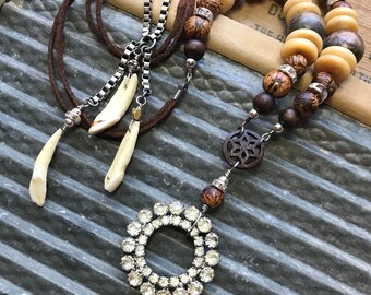 Vintage Rhinestone and Wood Bead Necklace Set, Batikan Seeds, Elk Tooth Necklace, Clear Rhinestone Pendant, Organic Necklace, African, Boho
