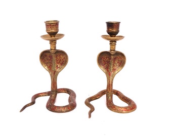 Vintage Brass Cobra Candle Holders, Pair of Small Snake Candle Sticks, Boho Enameled Cobra, Indian Brass Snake, Engraved Brass Cobra Snake