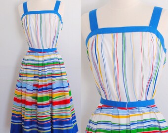 1970s Cotton Sundress, 70s Rainbow Stripe Dress, Vintage Dress by Jenny