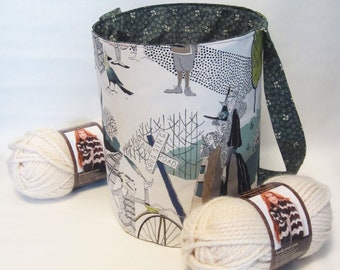 Large Knitting or Crochet Project Bucket Bag. Edward Gorey Tote Bag with Pockets.