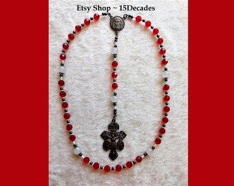Holy Face of Jesus Chaplet - White Jade & Red Siam beads with Gunmetal Details