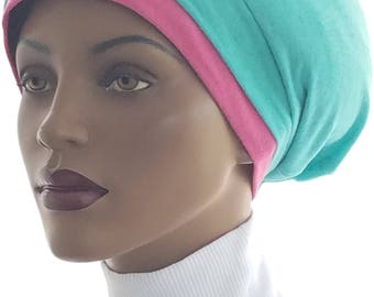 Huggee Locks Beanie™ Beanie Dreads Cap Hat Green Pink Cotton Jersey Knit Rasta locs Tam Rastafari Dreadie Handmade