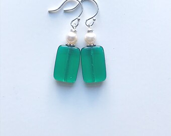 Emerald Glass and Freshwater Pearl Earrings on Sterling Silver