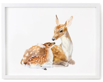 Deer Watercolor Print, Fawn Print, Deer and Fawn Art, Deer Wall Decor