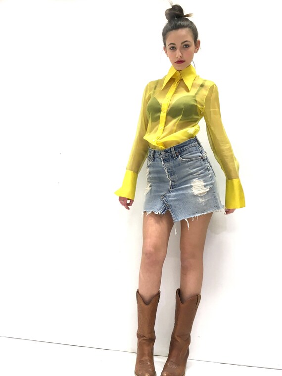 Levi's High Waisted LOLA DARLING Vintage Recycled Skirt Blue Denim Mini Rocker Rhinestones Levi's original used color Fading and Rip Unique