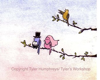 Wedding Card - Funny Birds Bride and Groom Wedding Card - Getting Married Card - Watercolor Wedding Art - 'Lovebirds'