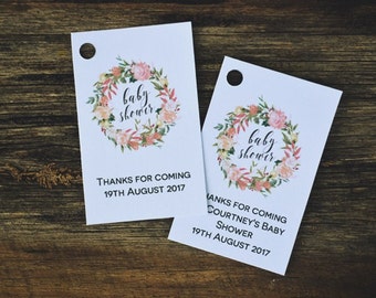 Pink Floral Wreath Baby Shower Tag Template, Editable Thank You Favor Tags, Printable Instant Download PDF