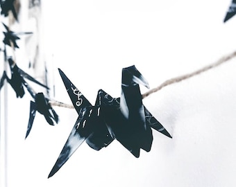 Origami Birds - Black & White Ink Hanging Paper Cranes String Chain : Japanese / Art / Japan / Monochrome / Paper Birds / Bunting