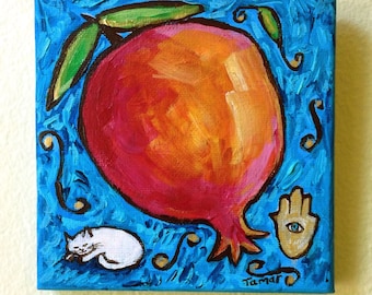 Giant Pomegranate, Hamsa Hand and a White Cat Sleeping, Original Jewish Painting, Acrylic on Canvas, Hanukkah Gift, Judaica Art, Rimon Art