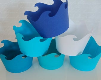 cupcake wrappers set of 12 wave edge border matte cardstock ocean theme cupcake wrappers luau mermaid pirate birthday bridal shower decor