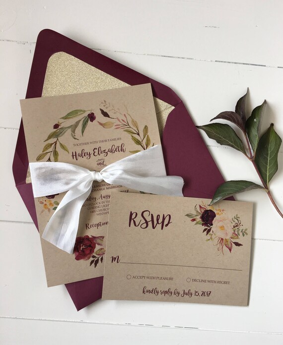 Rustic Burgundy Wedding Invitation Kraft Boho Chic Floral Marsala Rustic Burgundy Wedding Invitation Kraft Boho Chic Floral Marsala