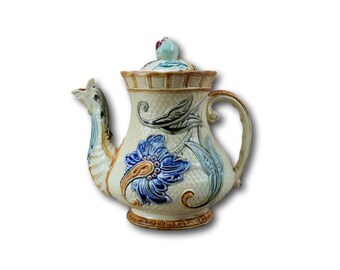 Wasmuel Majolica Coffee Pot, Belgian Antique Glazed Ceramic Coffee Pot, Dolphin Coffee Pot, Cafe au Lait Petit Dejeuner