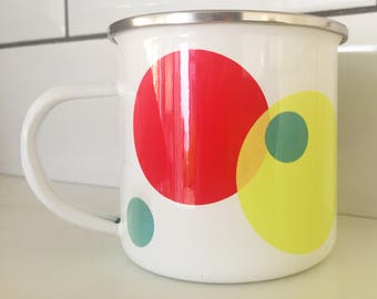 hand printed spotty polka dot enamel cup
