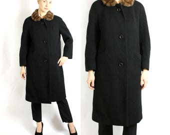 Vintage 70's 80's Black Textured Swing Boucle Wool Long Coat with Real Fur Collar - Medium to Large