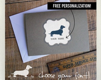 Doxie. Personalized Note Cards (Set of 8) -- (Hello, Dog, Dachshund, Vintage-Style, Brown, Weiner Dog, Birthday Gift, Custom Note Cards)