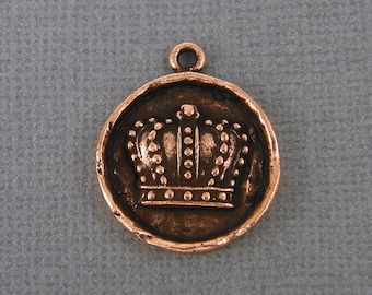 Crown Charm Crown Pendant Antique Copper Round Medallion Regal Royalty Pendant for Necklace |NU1-12|1 XN
