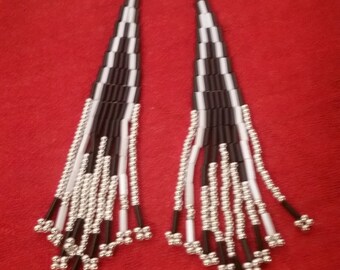 Black with White Bugle Beaded Sweeper Earrings