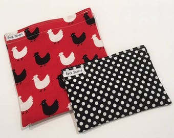 Reusable Sandwich Bag and Snack Bag Set Chicken Black Polka Dot Eco Friendly Reusable Sandwich Snack Bag Set
