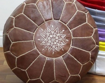 PREMIUM Genuine Leather Moroccan Pouf Pouffe - WALNUT