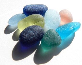 Eight Seaham English Sea Glass Pendant Sized Pieces in Cobalt, Plum, Turquoise and more