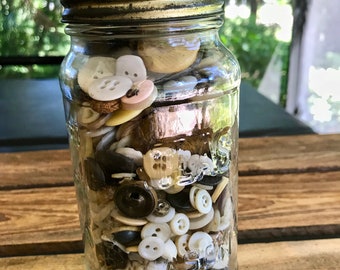 Atlas Mason Jar full of old buttons Vintage Bottle of Buttons Glass jar of buttons Farmhouse Primitive Decor