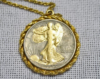 Vintage 1943 Walking Liberty Half Dollar Coin Pendant Necklace with Chain Gold Silver Tone Metal Collectible Costume Jewelry PanchosPorch