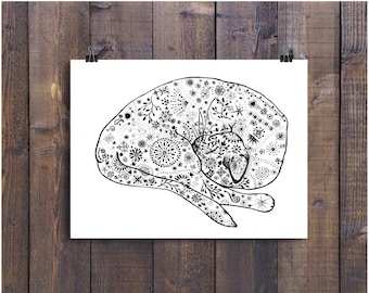 Art, Black and White Art, Pen and Ink Cat, Signed ACEO Print, Nursery Art, Cat Drawing, Animal Drawing