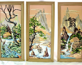 Vintage Paint by Number Triptych, Vintage Paint by Number Painting, Set of Vintage Paint by Numbers, Chinese Inspired Paint by Number, Asian