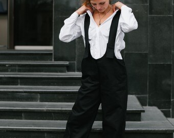 Black women Overalls. Suspender pants. Loose jumpsuit. Everyday romper. Women straight leg pants. Cotton casual dungarees
