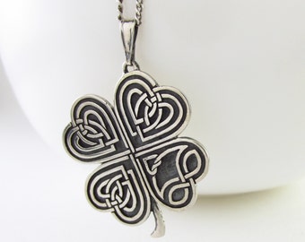 shamrock necklace, four leaf clover, clover necklace, lucky clover pendant, love silver necklace, lucky necklace, celtic love jewelry