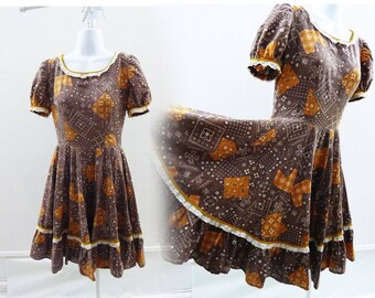 Vintage 50s Dress Size M L Brown Bandanna Cotton Rockabilly Circle Square Dance