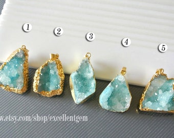 Druzy Druzy pendant Geode pendant druzes stone pendant 24k Gold plated Edge Druzy in Aquamarine blue color Jewelry making JSP-5529