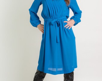 Vintage Sheer Blue Belted Dress (Size Large)