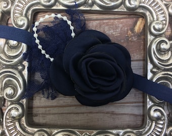 Navy blue headband, navy blue flower and lace on a soft headband with pearl accents, girls headband, soft headband, women's headband