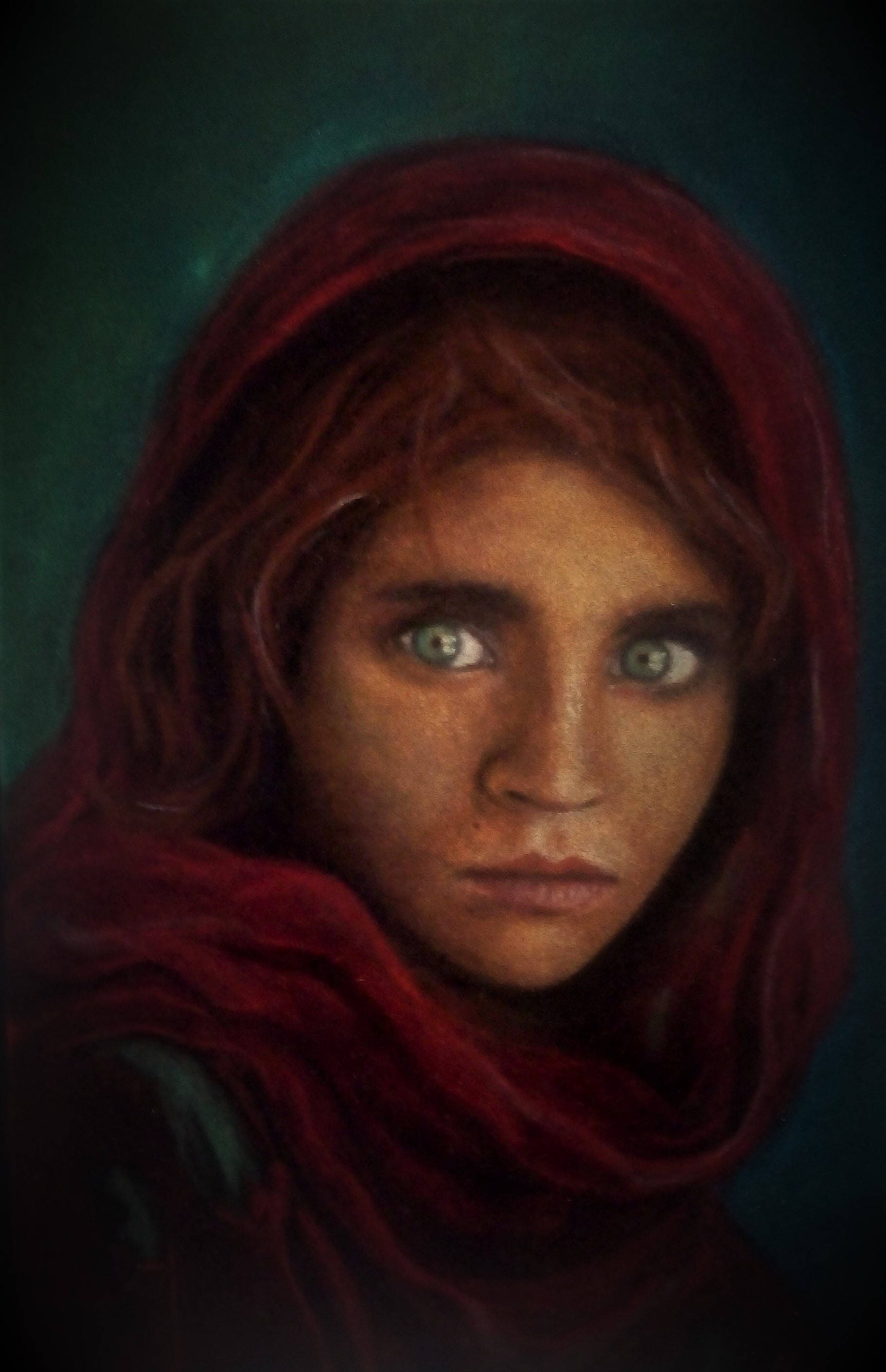 Afghan girl painting handmade portrait from photo original