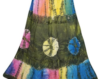 Green Tie Dye GEORGETTE Long Skirt A-Line Floral Embroidered Ethnic Summer Style Maxi Skirts