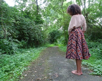Maroon, Orange & Gold Geometric African Print High Waisted Mid Length 1950's Style Skirt