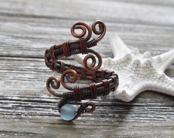 Aquamarine Wire Wrapped Ring, Aquamarine Jewelry, Wire Wrapped Jewelry, Crystal Gemstone Ring, Bohemian Jewelry, Statement Ring, Copper Ring