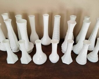 Vintage Milk Glass Vases - Set of 20 - Instant Collection for Wedding Decor or Special Event, Tall and Short Bud Vases