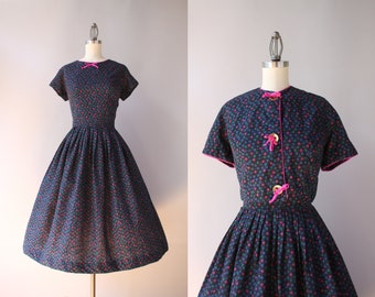 1950s Dress / Vintage 50s Black Floral Cotton Dress / 50s Full Skirt Day Dress with Matching Cropped Jacket L large