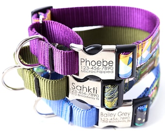 Engraved Buckle Martingale Dog Collar - 20 Classic Cotton styles to choose from