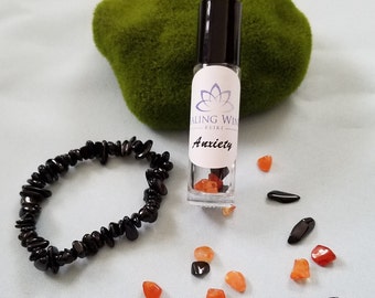 Anxiety Essential Oil & Gemstone Bottle with Choice of Black Tourmaline OR Carnelian Bracelet AND Oil Recipe Card Reiki Charged