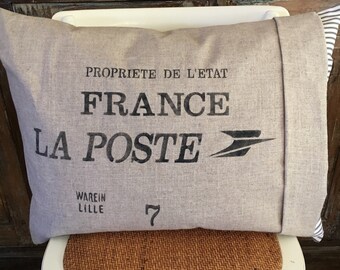 Linen "France La Poste" Sack Over Ticking Pillow Insert.