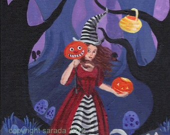Gothic Halloween witch art print striped Alice in the Dark Woods pumpkin JOL white cat 5 x 7 reproduction spooky cute forest woods