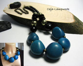 Turquoise statement necklace, giant Tagua beads, very noble