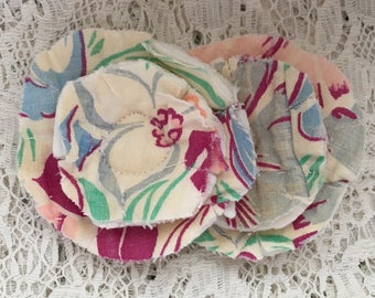 2 upcycled fabric flowers, cottage chic flower, gift top lot flower supplies, scrap flowers shabby upcycled quilt flower scrap appliques #47