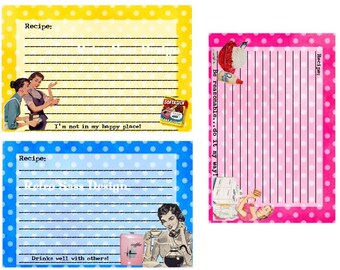 New RETRO sassy RECIPE cards BRIGHT polka dots set of 3 quirky-sarcastic humor digital delivery