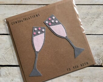 Pink Fizz in Felt Champagne Glasses Congratulations Card, Handmade Card