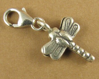 Dragonfly clip-on charm. Double-sided. Solid fine and sterling silver 925.